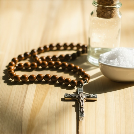 A wooden rosary and blessed salt on a table representing spiritual protection tools.
