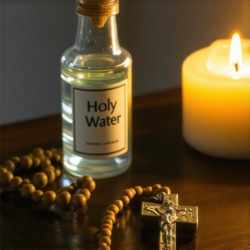 A wooden rosary and holy water bottle on a nightstand for spiritual defense.