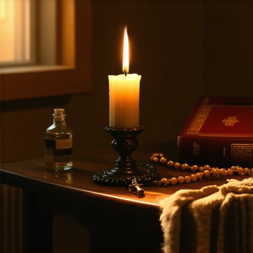 A Catholic prayer corner with rosary and holy water for spiritual maintenance.