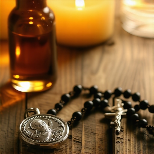 A St. Benedict medal, holy water, and a rosary used for spiritual protection in a Virginia home.