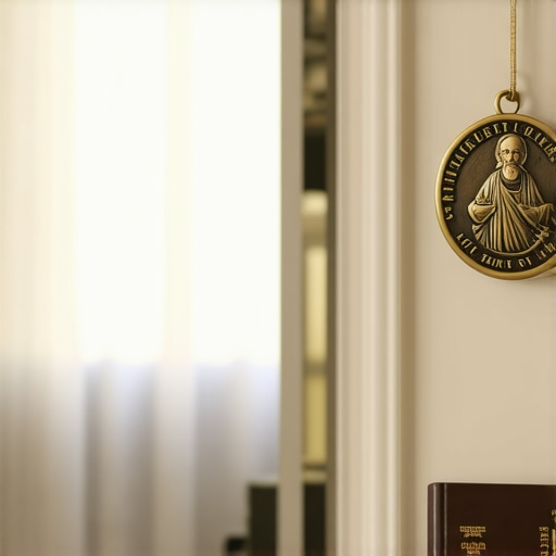 A St. Benedict medal and Bible in a peaceful Virginia home environment.