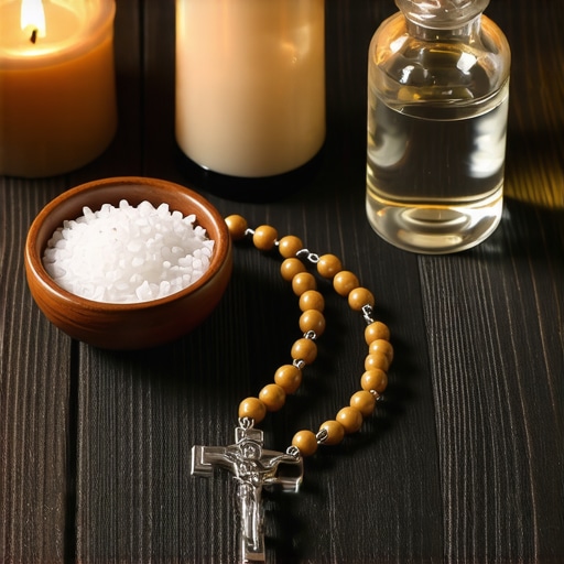 Blessed salt, holy water, and a rosary on a table for spiritual protection.