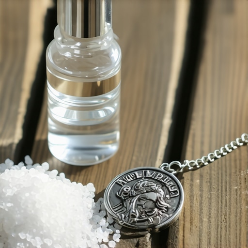 Blessed salt, holy water, and a St. Benedict medal used for home protection in Virginia.