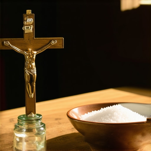 Close up of a home altar with crucifix and holy water for spiritual protection