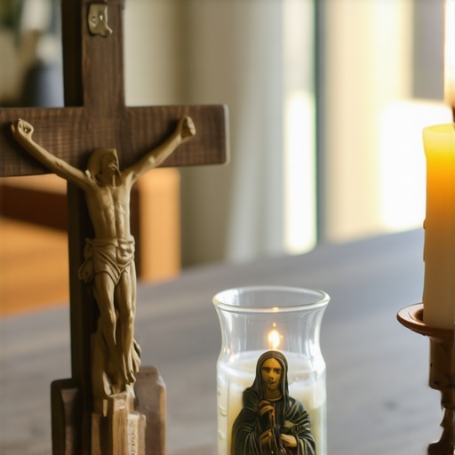 A home altar featuring a crucifix and St. Benedict medal for spiritual protection in Virginia.