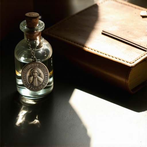 Close up of St. Benedict medal and Holy Water on a prayer table
