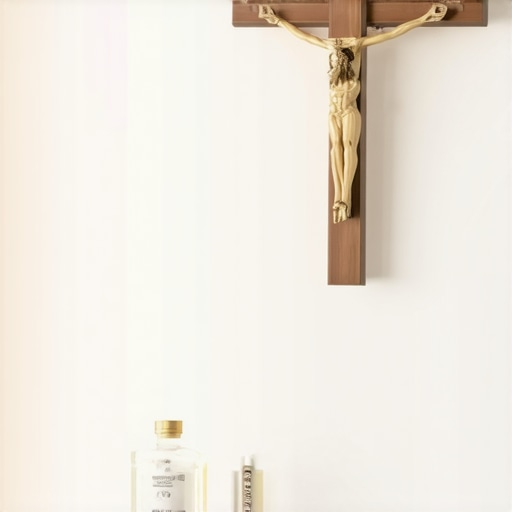 A crucifix and holy water on a table in a bright DC living room representing spiritual maintenance.