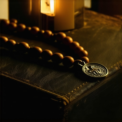 A Benedictine medal and rosary on a liturgical book representing the authority of the Church in exorcism rites.