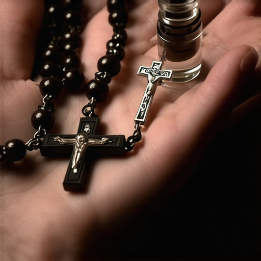 A wooden rosary and holy water bottle used for spiritual protection in Virginia homes.