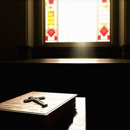 A Roman Ritual book and crucifix on a table in a Virginia chapel for spiritual deliverance.