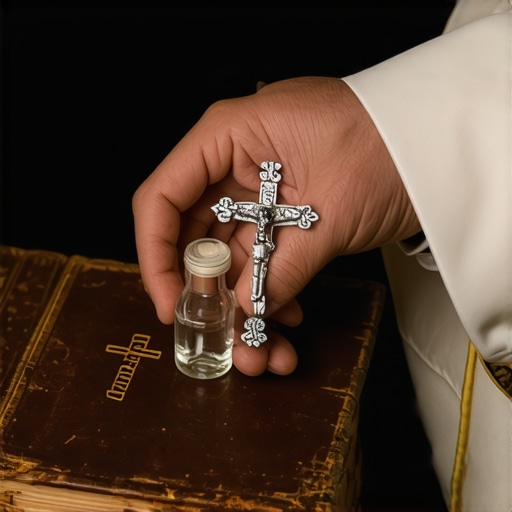 A priest holding a crucifix and holy water for a deliverance session in Virginia.