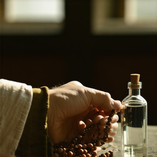 A hand holding a rosary and holy water for spiritual maintenance.