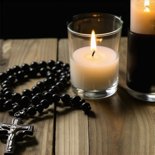 Religious tools for spiritual protection including a rosary, holy water, and blessed salt.
