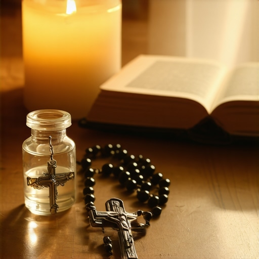 Catholic sacramentals including a rosary and holy water on a table