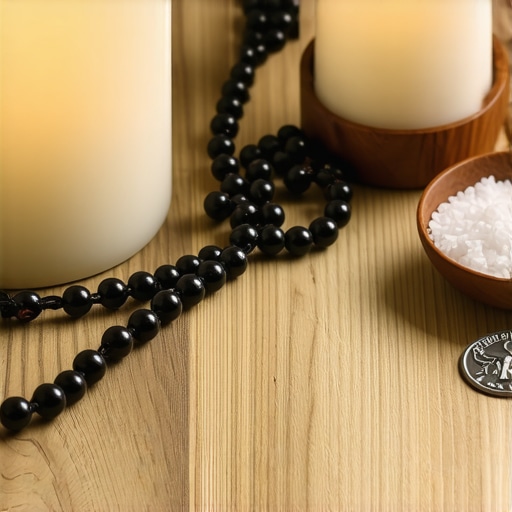 Rosary beads and blessed salt on a table for spiritual maintenance
