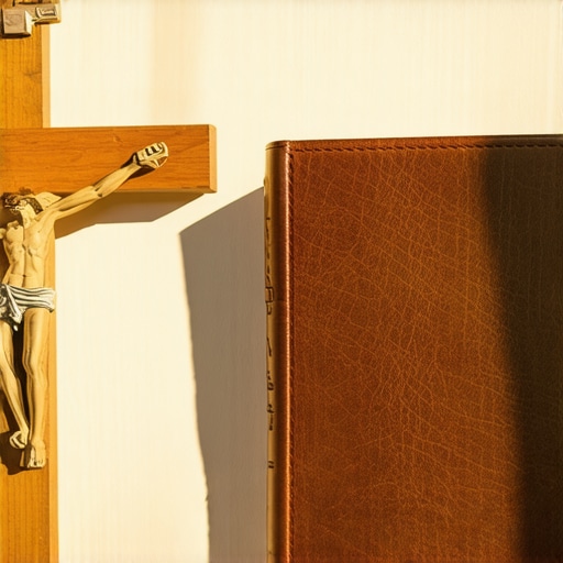 A wooden crucifix and a prayer journal on a desk symbolizing spiritual maintenance and documentation.