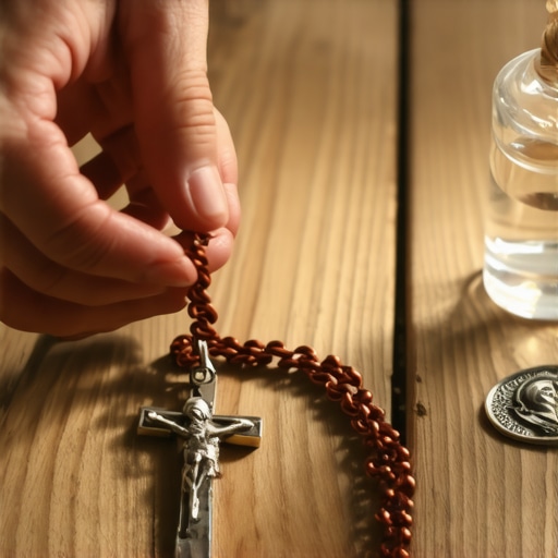 A collection of spiritual protection tools including a Rosary and holy water on a wooden table.