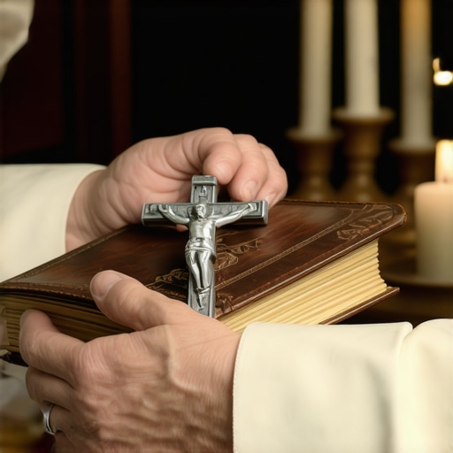 A priest holding a crucifix and prayer book for spiritual deliverance.