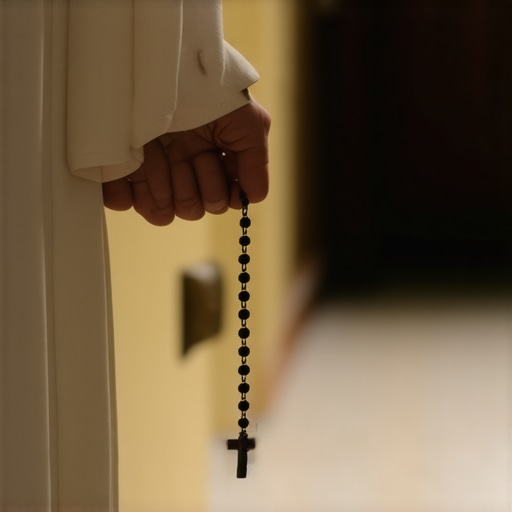 A hand holding a rosary in a classic Virginia hallway representing personal spiritual hygiene.