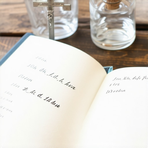 A notebook for logging spiritual activity next to a crucifix and holy water for protection.