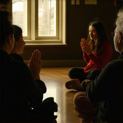 A small group of people praying the Rosary together for spiritual deliverance.