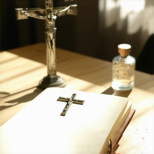 A notebook and crucifix on a table symbolizing the documentation process for a spiritual investigation.