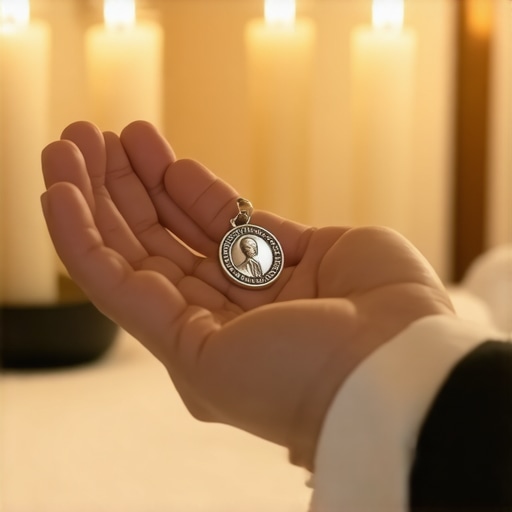 A hand holding a Benedictine medal and holy water for spiritual protection