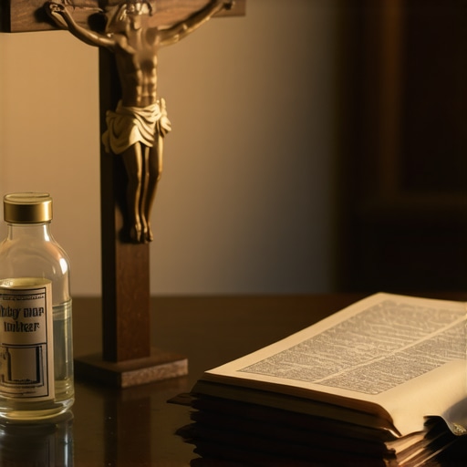 A home altar with a crucifix and holy water for spiritual protection