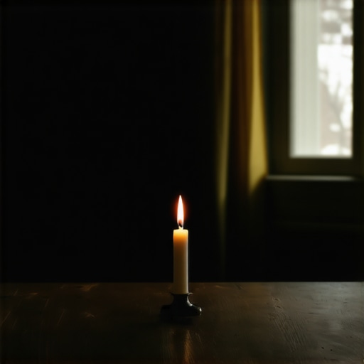 A blessed candle providing spiritual light in a dark room of a historic Alexandria property.