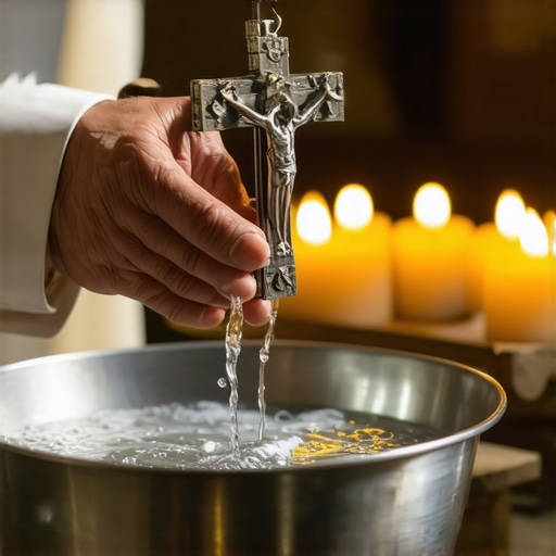 A crucifix and holy water used in a Catholic deliverance ritual