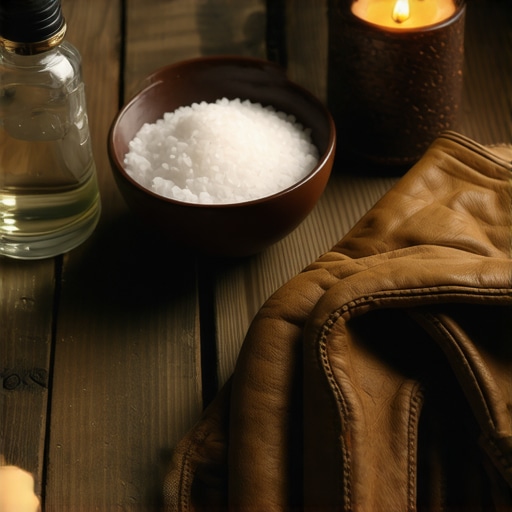 Holy water, blessed salt, and work gloves on a table representing spiritual protection steps.