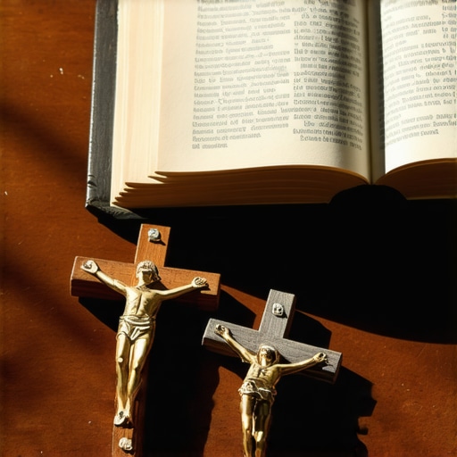 Catholic prayer book and crucifix on a table used for spiritual discernment and deliverance.