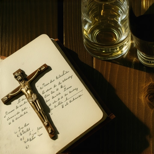 A wooden table holding a crucifix, a spiritual logbook, and holy water used for documentation in Virginia spiritual warfare.