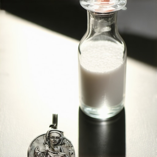 Close up of spiritual protection tools including a St. Benedict medal and blessed salt on a wooden table