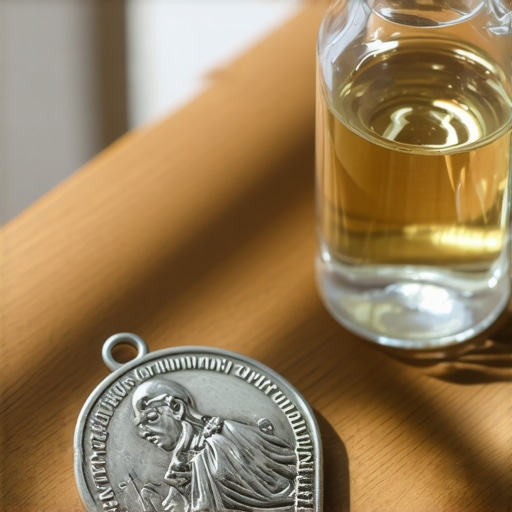 A close-up of a blessed St. Benedict medal and holy water bottle used for spiritual protection in Virginia homes.
