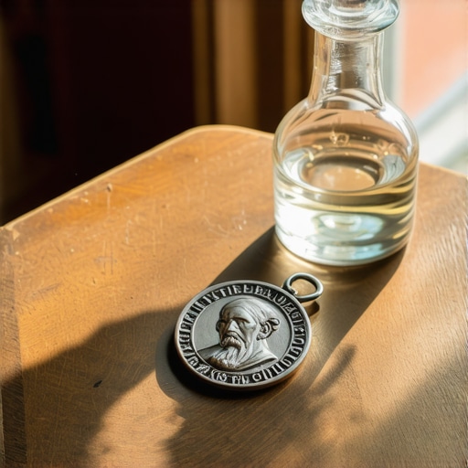 A St. Benedict medal and holy water vial on a wooden table for spiritual protection in a Virginia home.