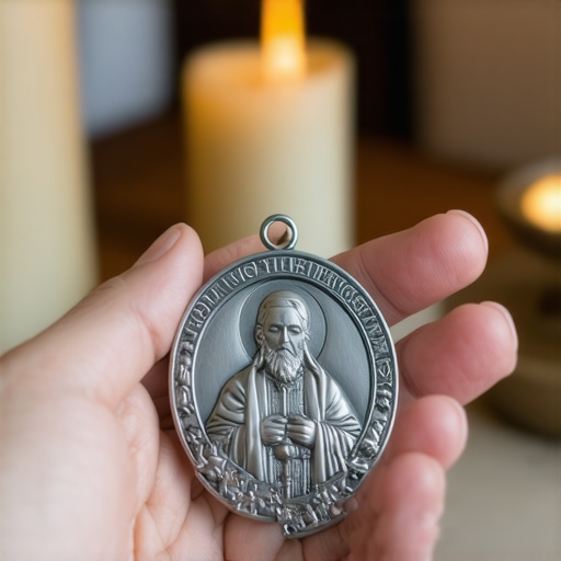 A silver St. Benedict medal being held as a tool for spiritual maintenance in a Virginia home.