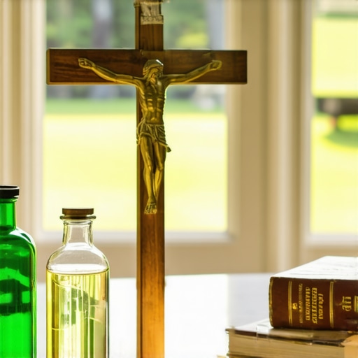 A domestic home altar featuring a crucifix and sacramentals for ongoing spiritual protection in a DC-area home.