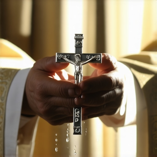 The Authority of the Catholic Ritual Exorcism in Virginia Priest performing a spiritual deliverance rite in a shadowed home.