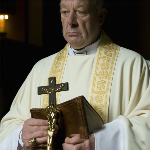 A priest holding a crucifix and ritual book for an official exorcism process.
