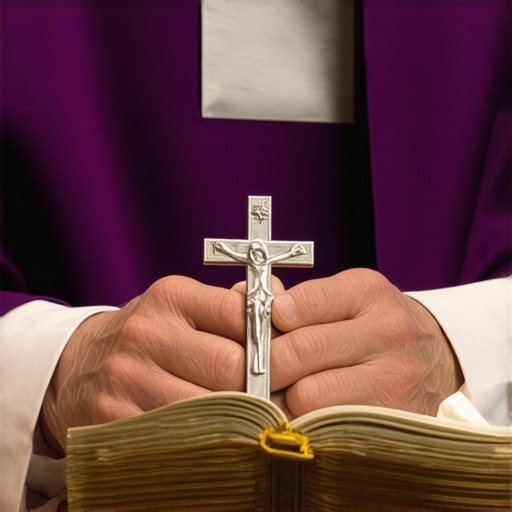 The Authority of the Catholic Ritual Hands of a priest holding a crucifix and ritual book for spiritual deliverance