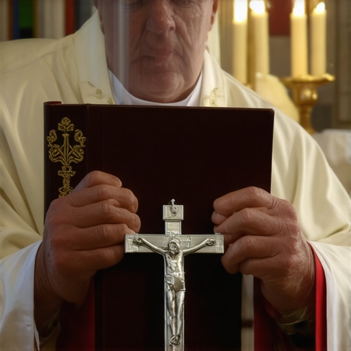 A Catholic priest holding the book of rites and a crucifix for a deliverance session.
