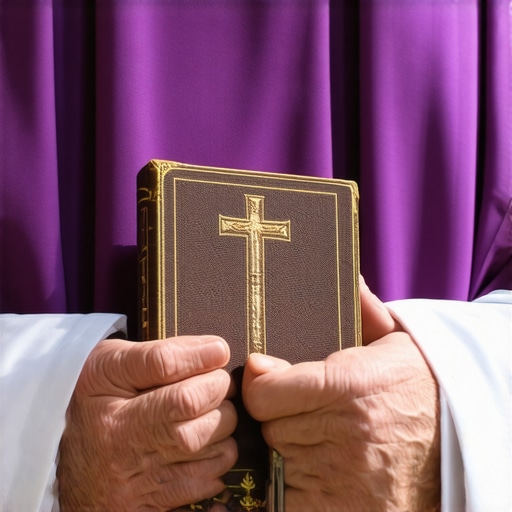 A Catholic priest's stole and the book of exorcism rituals symbolizing spiritual authority.