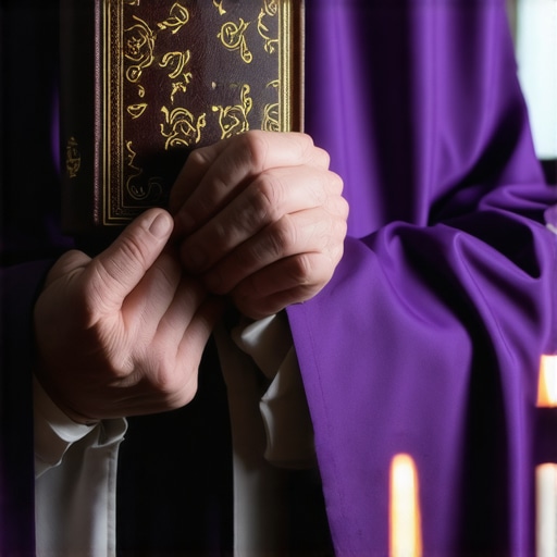 A Catholic priest preparing for a ritual with the Roman Ritual book and stole.