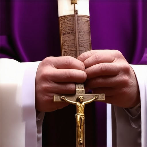 A Catholic priest holding a crucifix and the official Roman Ritual for exorcism and deliverance.