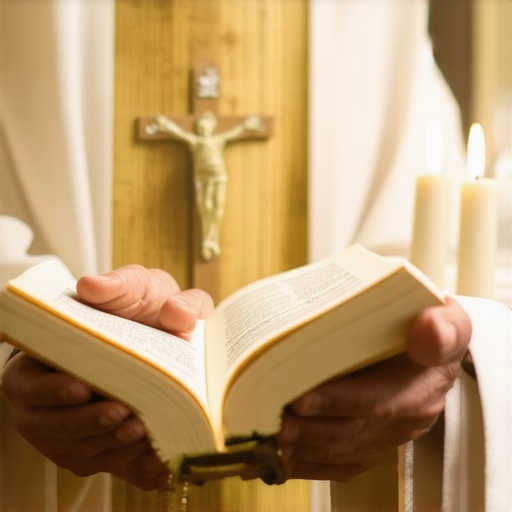 Close-up of a priest holding the Roman Ritual and a crucifix for an exorcism session