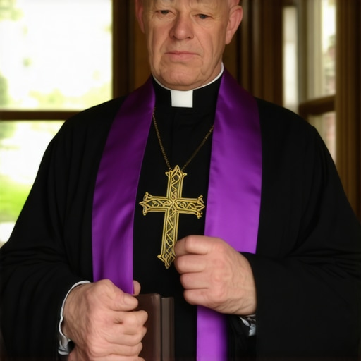 A Catholic priest preparing for a house blessing or exorcism in a historic Washington DC home.