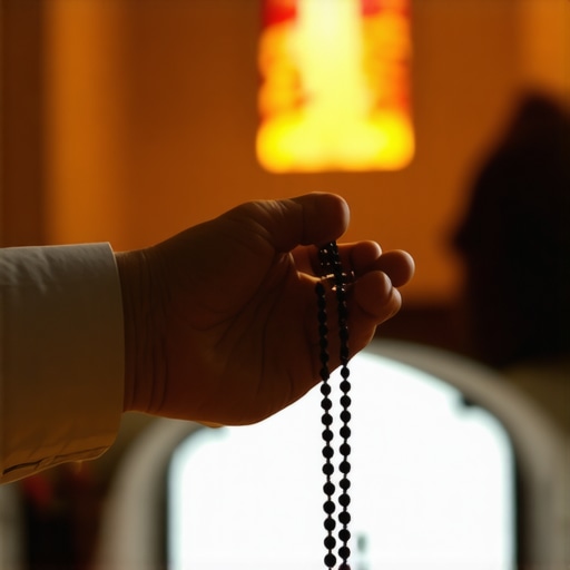 Hand holding rosary beads in a Virginia church representing spiritual resilience.
