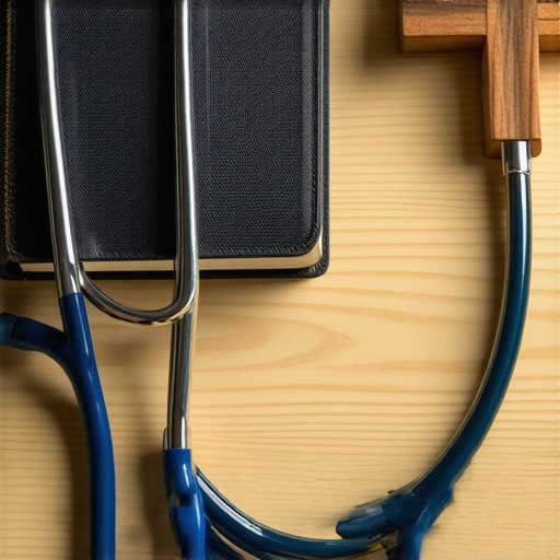 A Bible and stethoscope on a wooden desk symbolizing the medical and spiritual evaluation process.