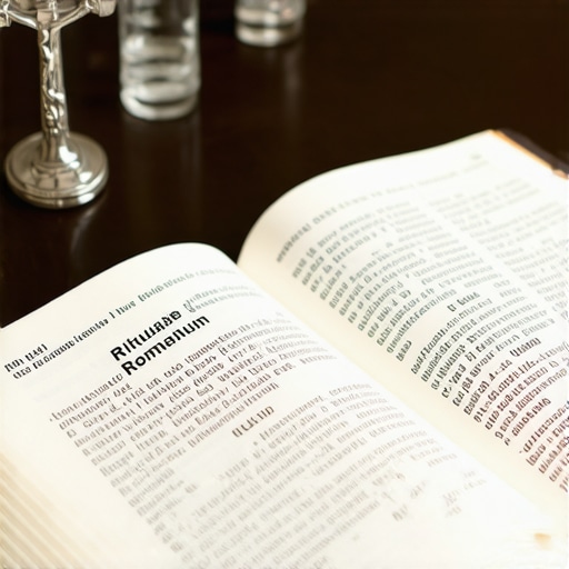 An official Catholic ritual book for deliverance and exorcism resting on a table.